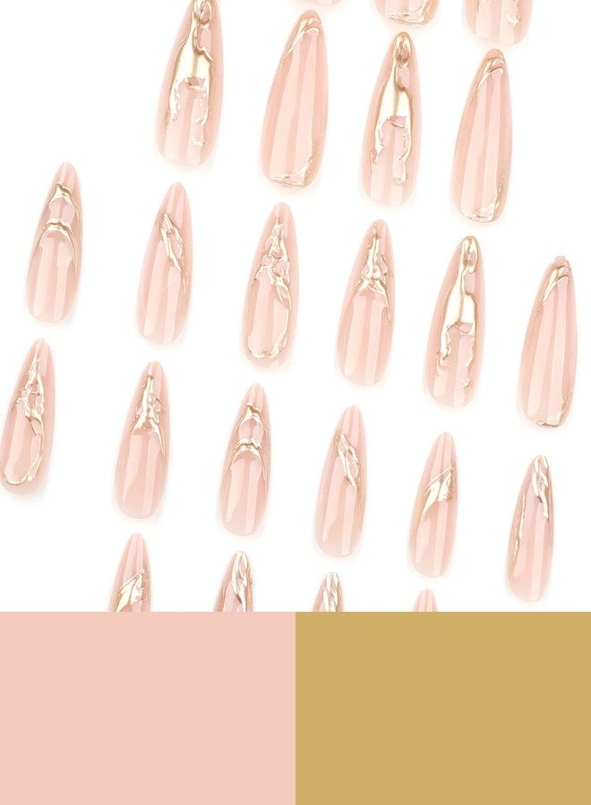 CJDLTS 24Pcs Gold French Tip Press on Nails Medium Length Almond False Nails Golden 3D Lines Design Stick on Nails Artificial Acrylic Nails Full Cover Coffin Nails Reusable Glue on Nails for Women - Image 2